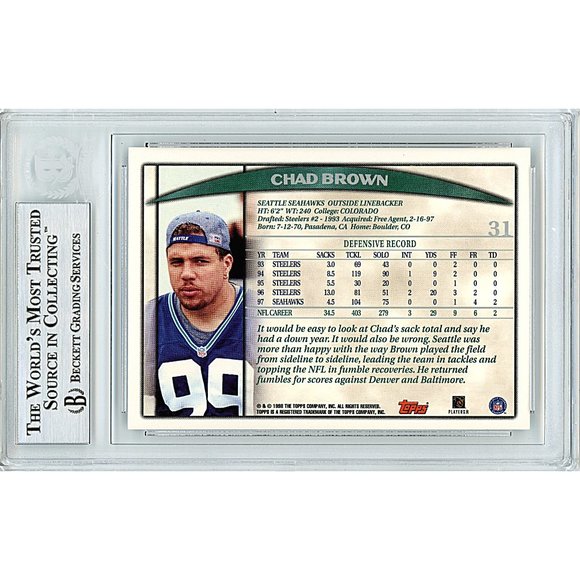 Chad Brown Signed 1998 Topps Football Card Seattle Seahawks Beckett Autographed - Picture 2 of 5